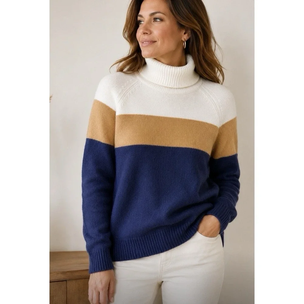 J Crew Colorblock Turtleneck Sweater Supersoft Yarn Alpaca Blue K4646 Size XS